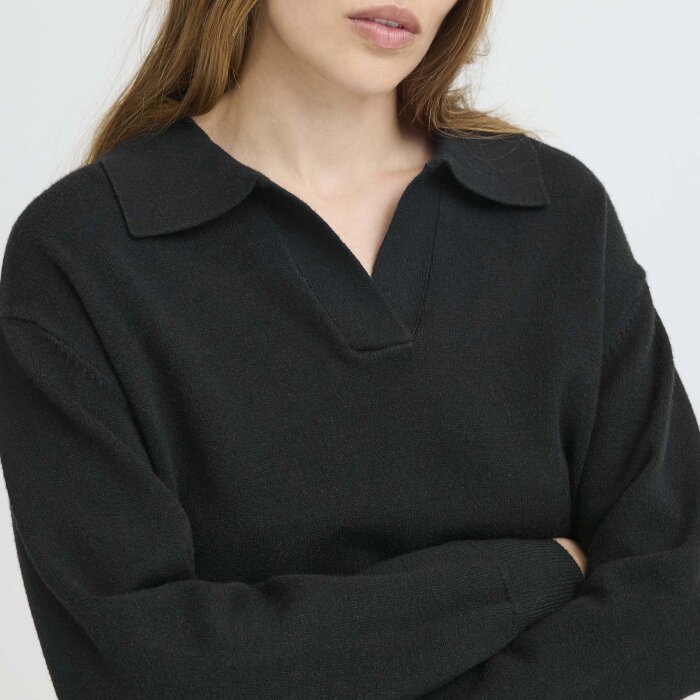 Pulz Jeans ( Dame )  - PULZ - PZSTEFFI OPEN POLO PULL | STRIK BLACK BEAUTY