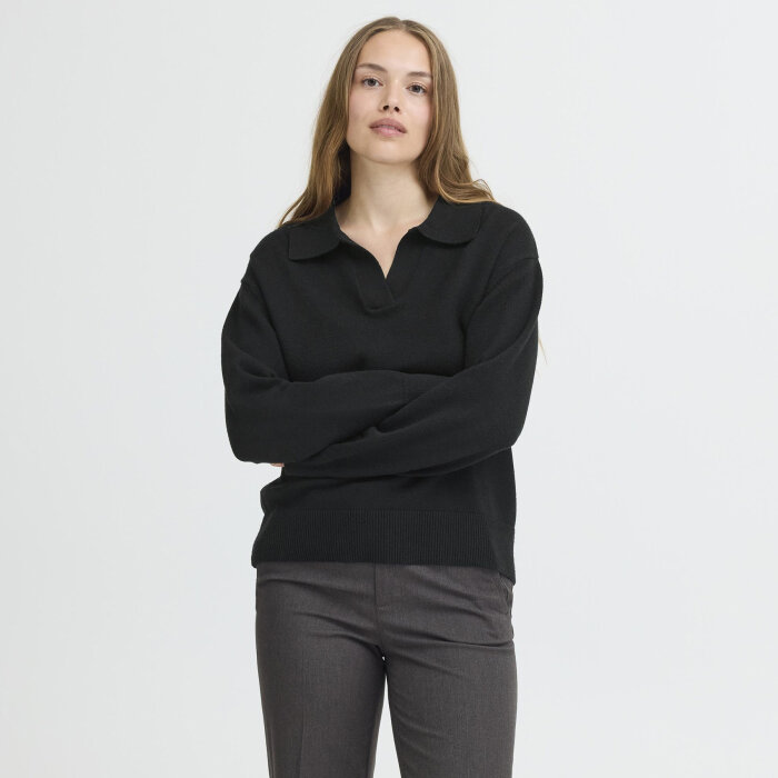 Pulz Jeans ( Dame )  - PULZ - PZSTEFFI OPEN POLO PULL | STRIK BLACK BEAUTY