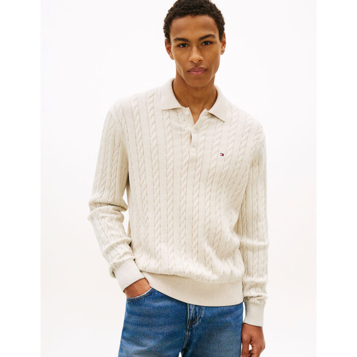 Tommy Hilfiger  - Tommy Hilfiger - Classic cotton cable polo | Strik Heathered Oatmilk