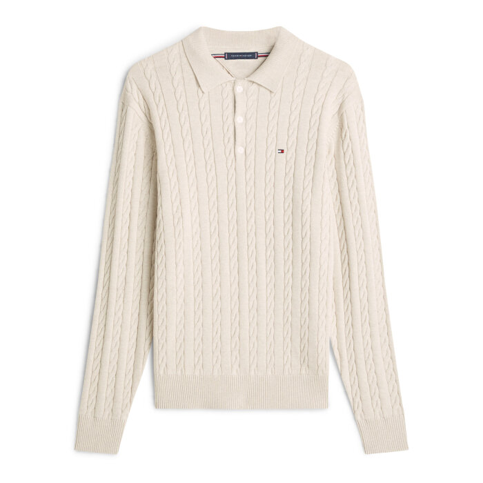 Tommy Hilfiger  - Tommy Hilfiger - Classic cotton cable polo | Strik Heathered Oatmilk