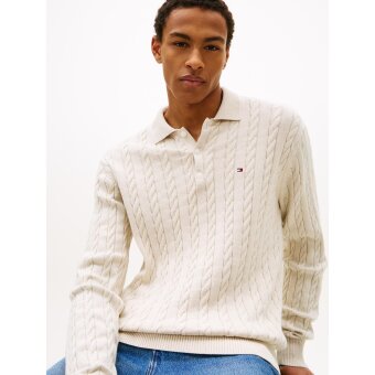 Tommy Hilfiger  - Tommy Hilfiger - Classic cotton cable polo | Strik Heathered Oatmilk