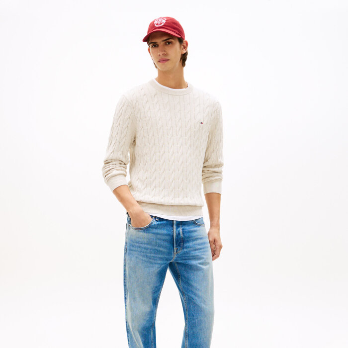 Tommy Hilfiger  - Tommy Hilfiger - TH Cotton cable crew neck | Strik Heathered Oatmilk
