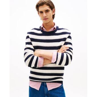 Tommy Hilfiger - Tommy Hilfiger - Crochet Block Stripe | Strik Navy Ivory Tommy Hilfiger - Tommy Hilfiger - Crochet Block Stripe | Strik Navy Ivory