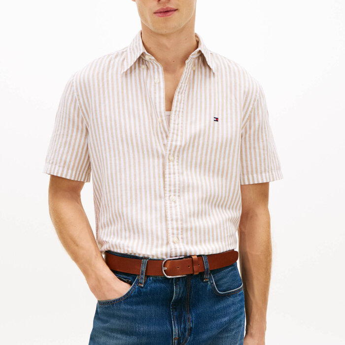 Tommy Hilfiger  - Tommy Hilfiger - Linen blend Bengal shirt | K/Æ Skjorte Sandalwood
