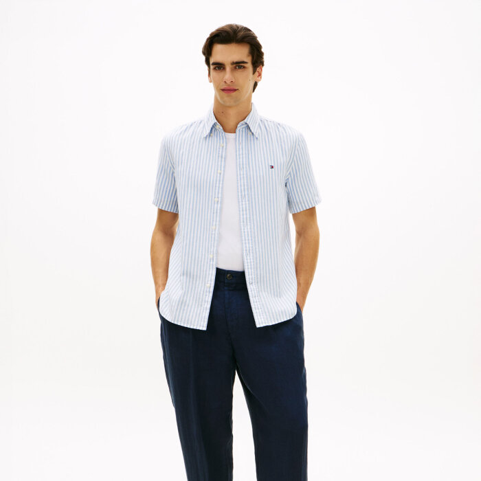 Tommy Hilfiger  - Tommy Hilfiger - Linen blend Bengal shirt | K/Æ Skjorte Cloudy Blue