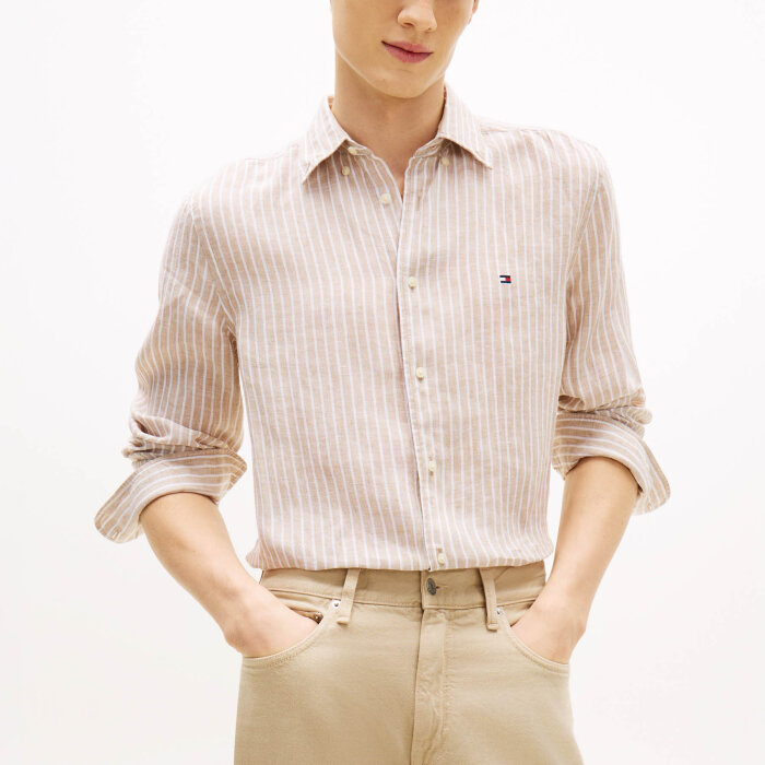 Tommy Hilfiger  - Tommy Hilfiger - Linen Bengal stripe shirt | Hørskjorte Sandalwood