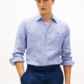 Tommy Hilfiger  - Tommy Hilfiger  Linen Bengal stripe shirt | Hørskjorte Wedge Blue