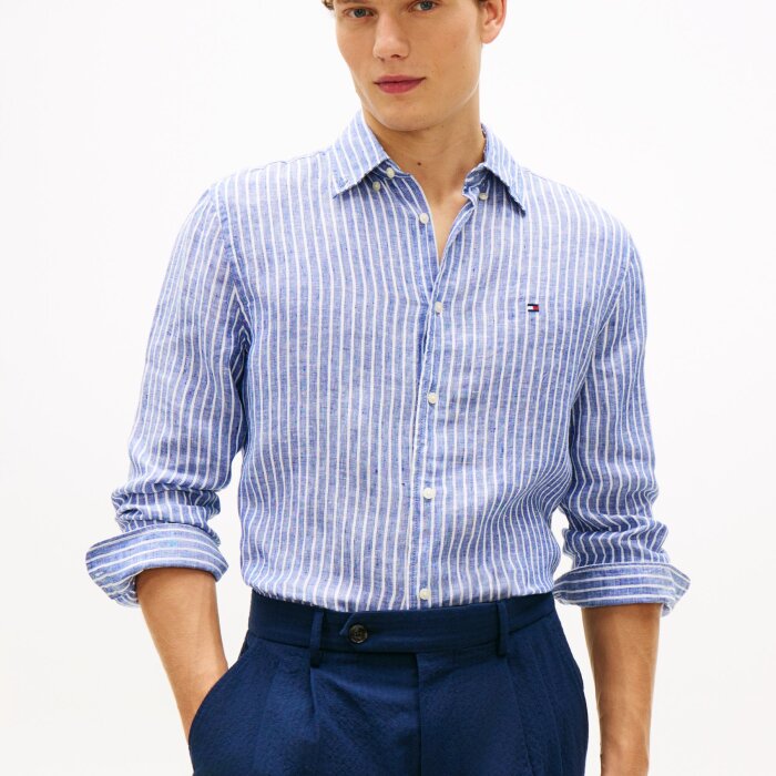 Tommy Hilfiger  - Tommy Hilfiger  Linen Bengal stripe shirt | Hørskjorte Wedge Blue