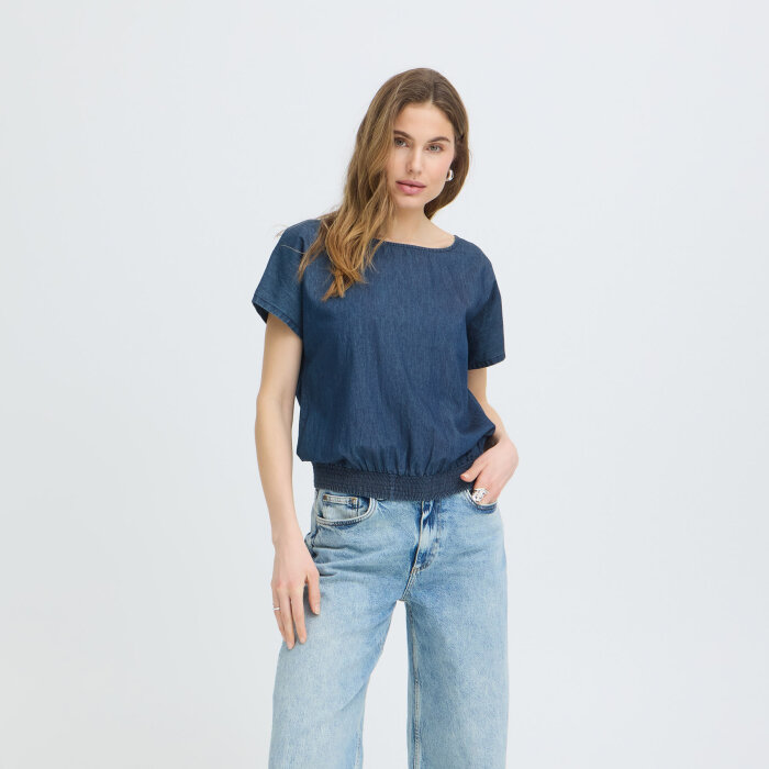Pulz Jeans ( Dame )  - PULZ - PZJILL SS BLOUSE | TOP DARK BLUE DENIM