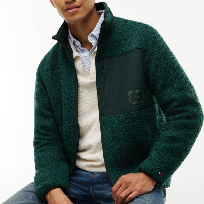 Tommy Hilfiger  - Tommy Hilfiger - Wool Teddy fleece cardigan | Fleece Trøje Nocturnal Green